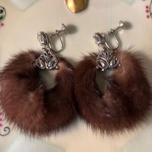 Elegant Vintage Screw-back Chocolate Fur Hoop Earrings